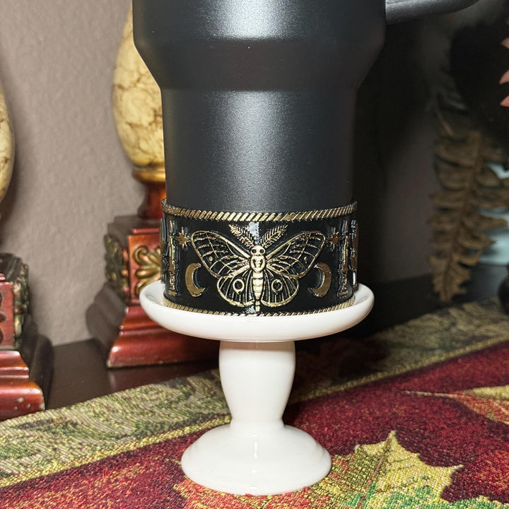 Black Magic Moth Spellcaster Tumbler Boot, Halo, lid topper, straw topper, gothic accessories black with gold accents, for Stanley Tumblers