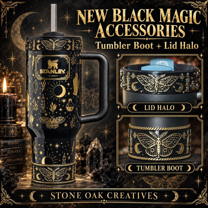 Black Magic Moth Spellcaster Tumbler Boot, Halo, lid topper, straw topper, gothic accessories black with gold accents, for Stanley Tumblers