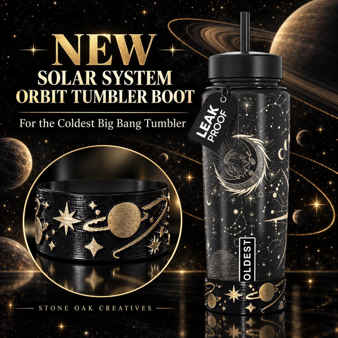 Celestial Sun Moon Plantes Tumbler Boot, black with gold accents, Coldest Big Bang, Fit's Stanley and Coldest Tumblers, Protective Sleeve