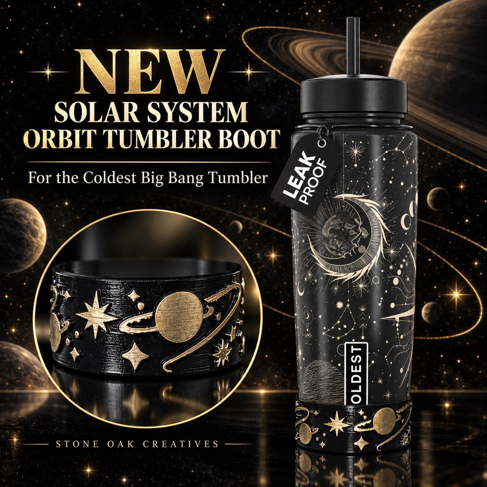Celestial Sun Moon Plantes Tumbler Boot, black with gold accents, Coldest Big Bang, Fit's Stanley and Coldest Tumblers, Protective Sleeve