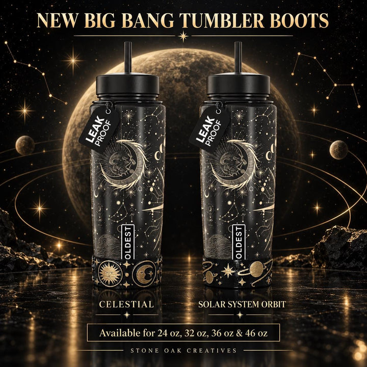 Celestial Sun Moon Plantes Tumbler Boot, black with gold accents, Coldest Big Bang, Fit's Stanley and Coldest Tumblers, Protective Sleeve