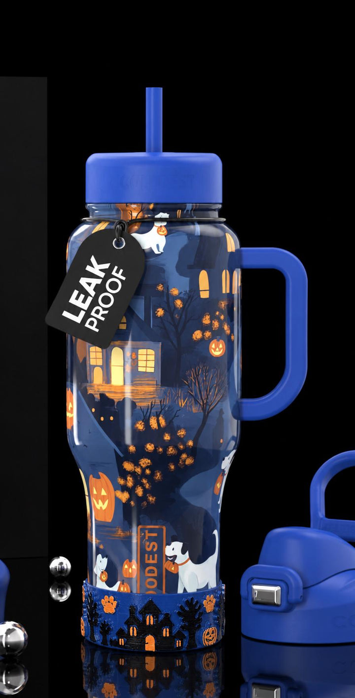 Paw or Treat Tumbler Boot, Haunted House Cup Accessory, Blue Orange Halloween Sleeve, for Coldest and Stanley, Hand Painted