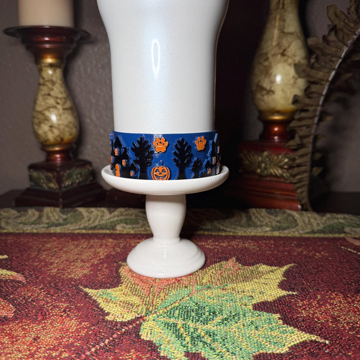 Paw or Treat Tumbler Boot, Haunted House Cup Accessory, Blue Orange Halloween Sleeve, for Coldest and Stanley, Hand Painted