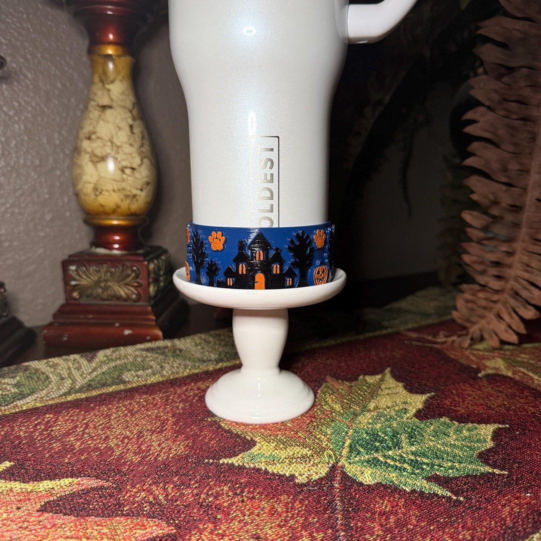 Paw or Treat Tumbler Boot, Haunted House Cup Accessory, Blue Orange Halloween Sleeve, for Coldest and Stanley, Hand Painted