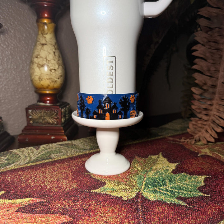 Paw or Treat Tumbler Boot, Haunted House Cup Accessory, Blue Orange Halloween Sleeve, for Coldest and Stanley, Hand Painted