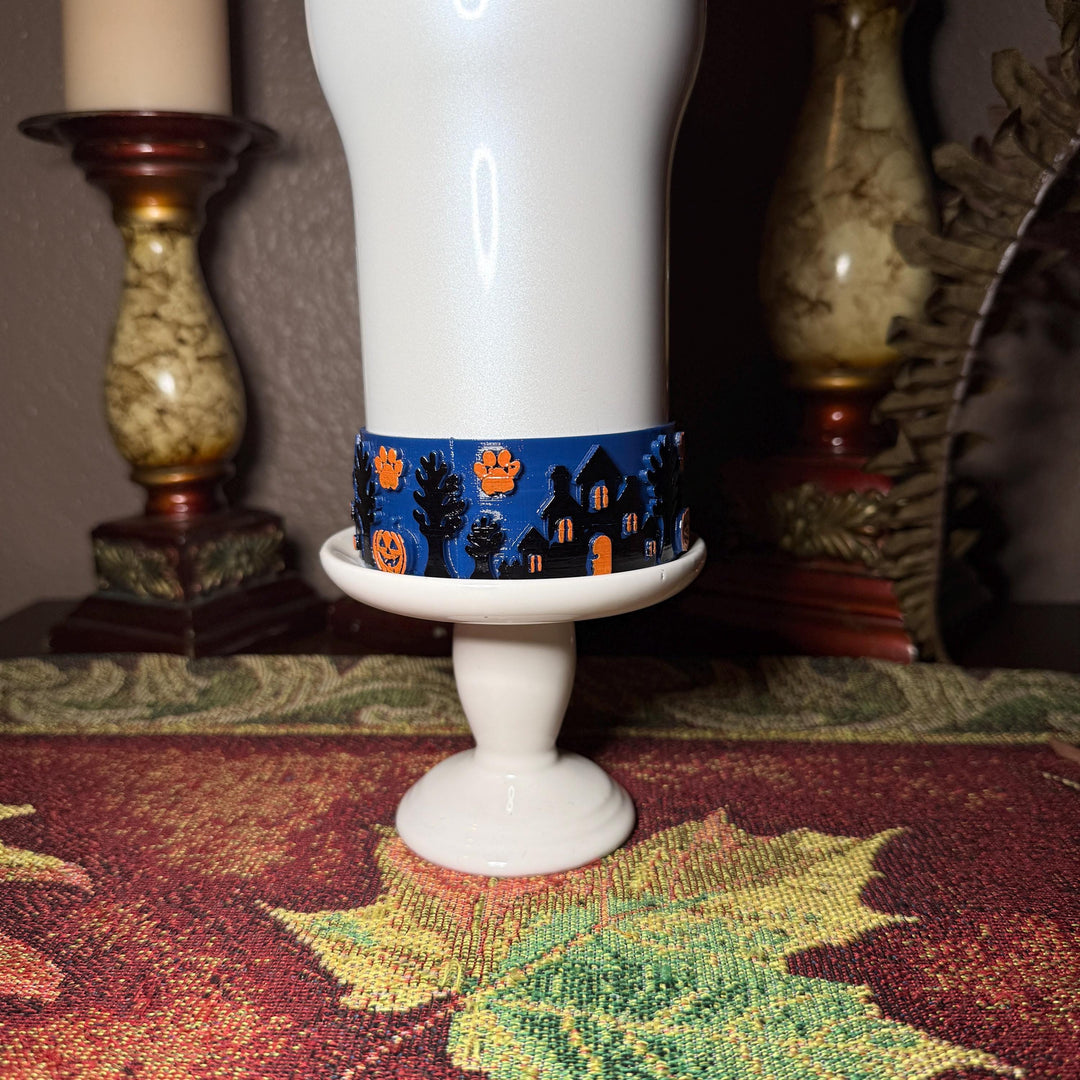 Paw or Treat Tumbler Boot, Haunted House Cup Accessory, Blue Orange Halloween Sleeve, for Coldest and Stanley, Hand Painted