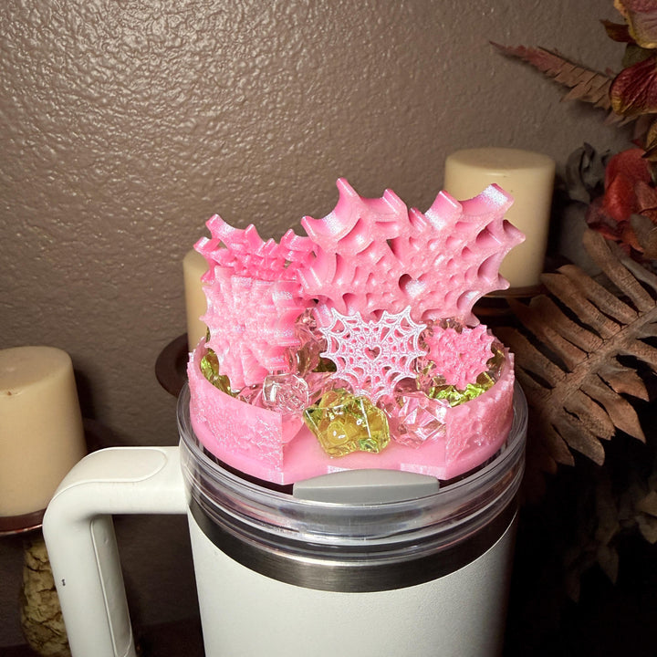 Pink Sugar Heart Spiderweb Tumbler lid topper, boot or straw topper, Halloween Tumbler Sleeve, Target Stanley, Unique Gift
