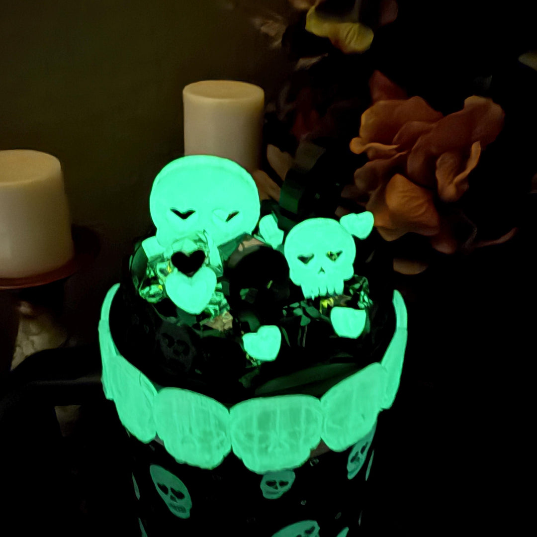 Sweetheart Skulls Stanley Accessories, Glow , Neon, Black, Silver Skull Tumbler Boot, Lid Collar & Topper, Target Gothic Valentine Cup Decor
