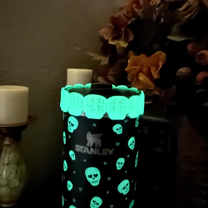 Sweetheart Skulls Stanley Accessories, Glow , Neon, Black, Silver Skull Tumbler Boot, Lid Collar & Topper, Target Gothic Valentine Cup Decor
