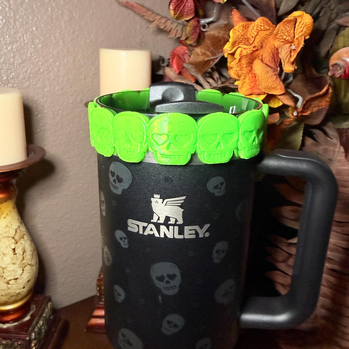 Sweetheart Skulls Stanley Accessories, Glow , Neon, Black, Silver Skull Tumbler Boot, Lid Collar & Topper, Target Gothic Valentine Cup Decor