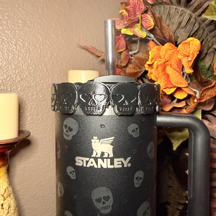 Sweetheart Skulls Stanley Accessories, Glow , Neon, Black, Silver Skull Tumbler Boot, Lid Collar & Topper, Target Gothic Valentine Cup Decor