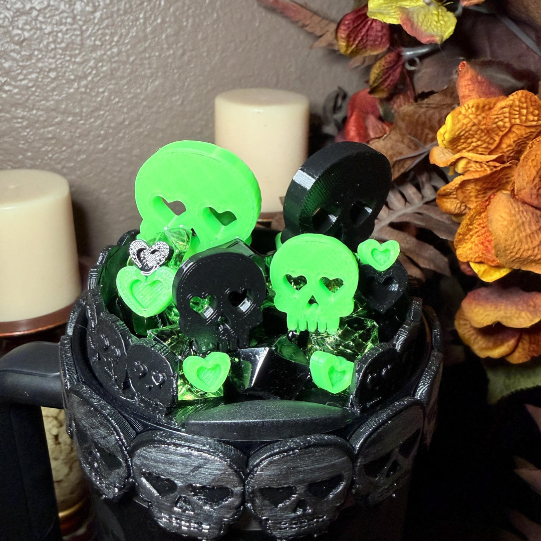 Sweetheart Skulls Stanley Accessories, Glow , Neon, Black, Silver Skull Tumbler Boot, Lid Collar & Topper, Target Gothic Valentine Cup Decor