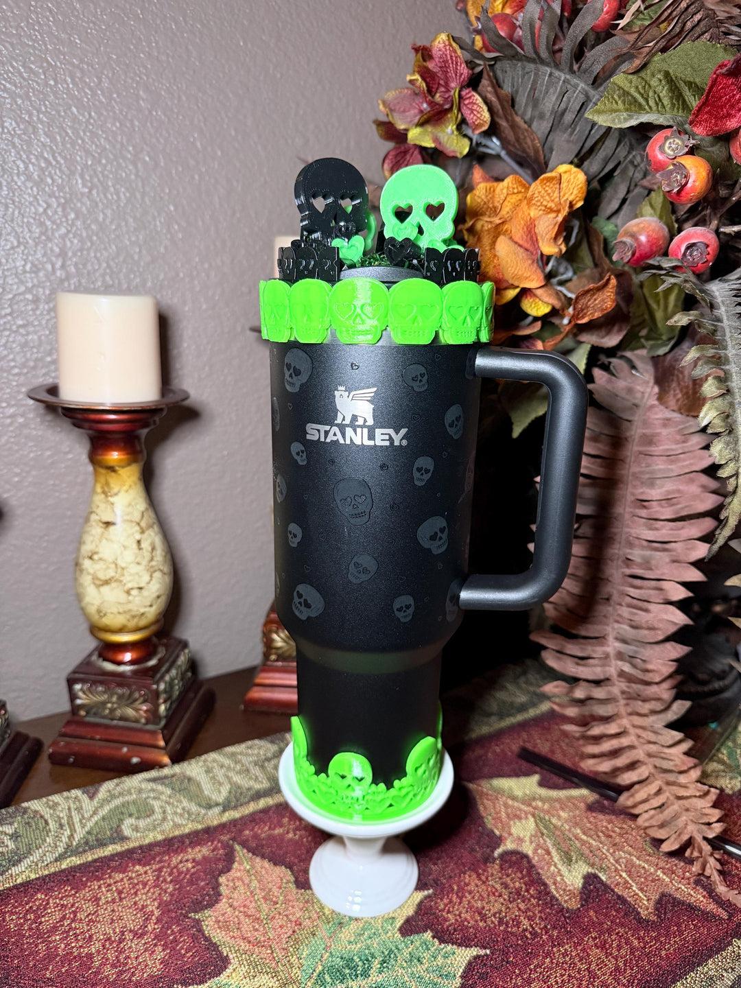 Sweetheart Skulls Stanley Accessories, Glow , Neon, Black, Silver Skull Tumbler Boot, Lid Collar & Topper, Target Gothic Valentine Cup Decor