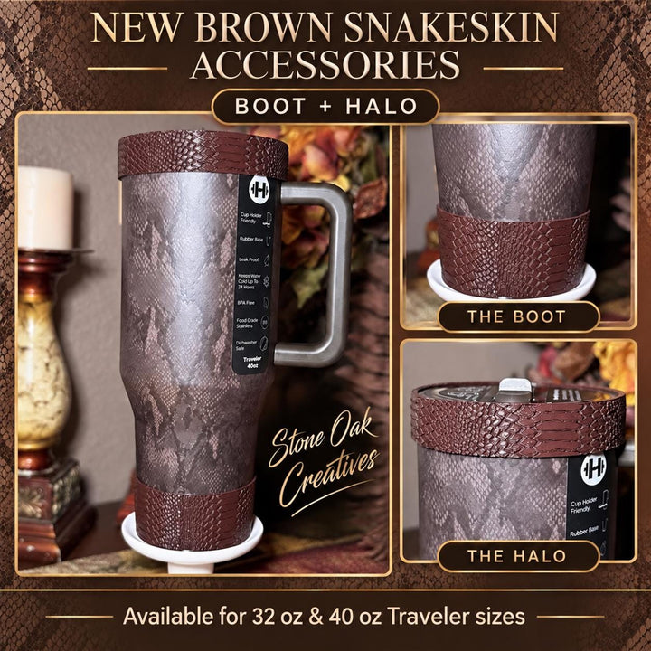 Brown Snakeskin Tumbler Boot and Halo for HydroJug Traveler 32 oz 40 oz, Reptile Print Cup Accessories