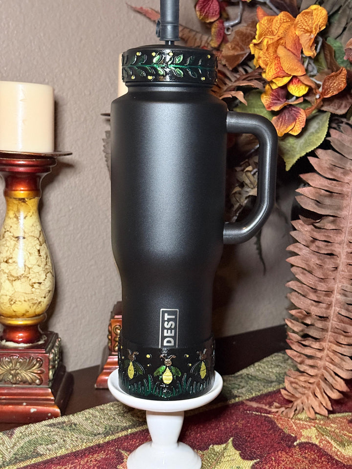 Glowie Baby Fireflies Tumbler Boot or Lid Collar, Coldest Cup Accessory, Leafy Vine or Firefly Design, Hand Painted 3D Printed Gift