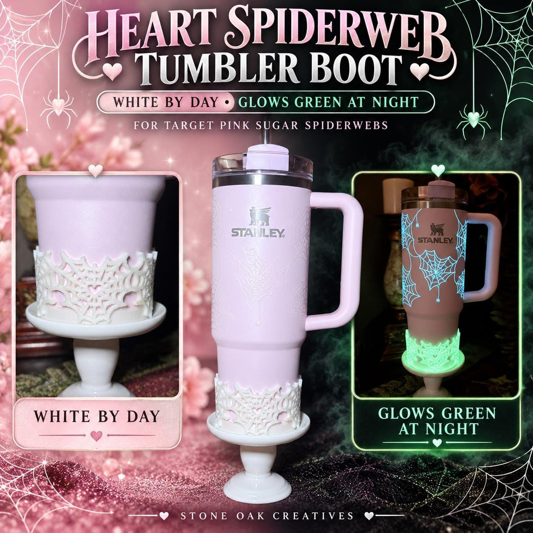 White Glow Green Sugar Heart Spider Web Tumbler boot, Halloween Tumbler Sleeve, Target Stanley, Unique Gift