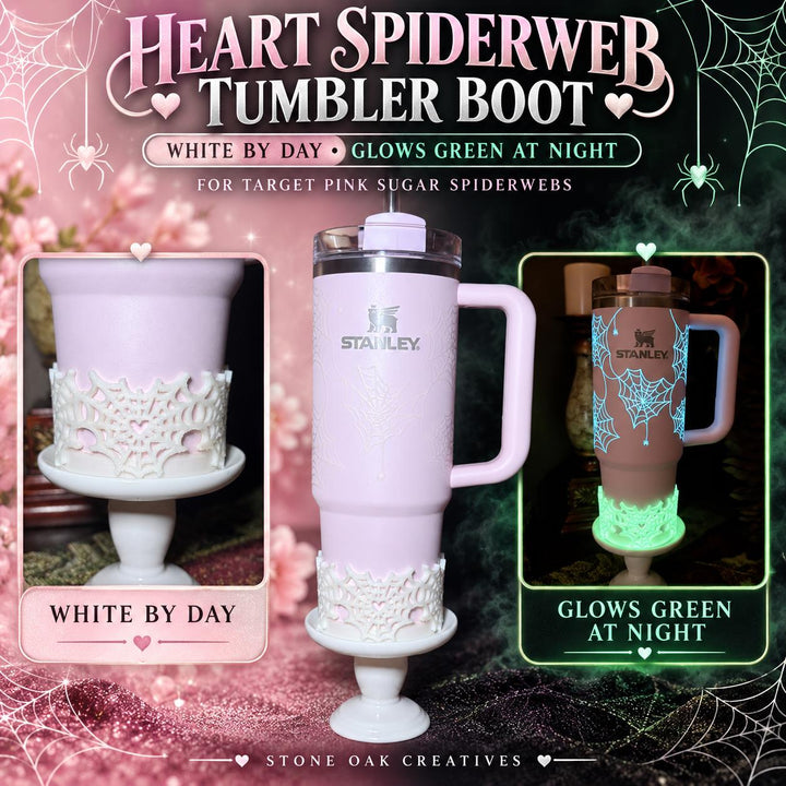 White Glow Green Sugar Heart Spider Web Tumbler boot, Halloween Tumbler Sleeve, Target Stanley, Unique Gift