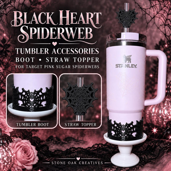Black Pink Sugar Heart Spider Web Tumbler boot or straw topper, Halloween Tumbler Sleeve, Target Stanley, Unique Gift