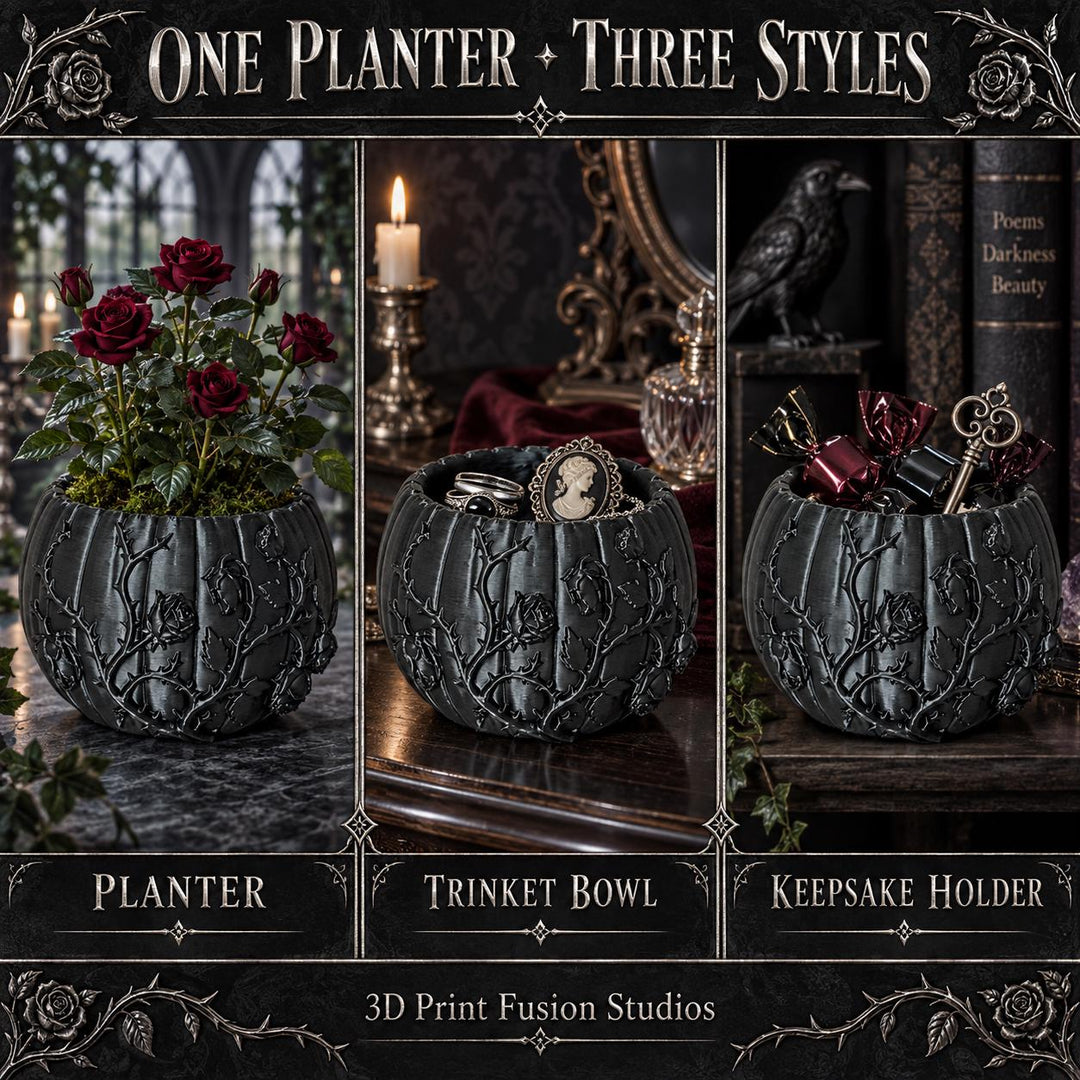 Black Roses and Vines Planter, Gothic Trinket Bowl, 3D Printed Keepsake Holder, Dark Floral Decor, Witchy Vanity Organizer