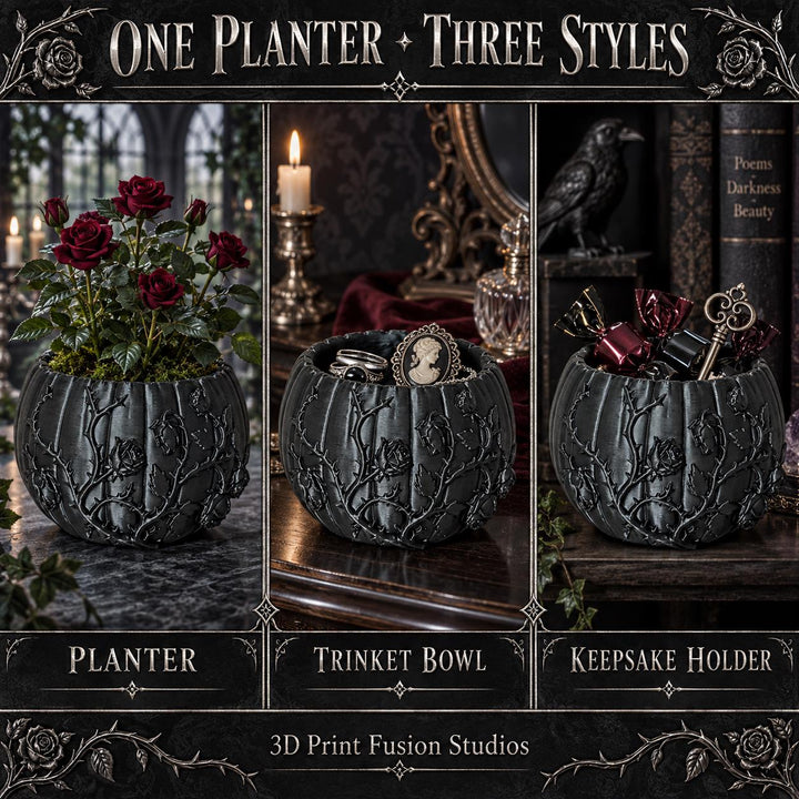 Black Roses and Vines Planter, Gothic Trinket Bowl, 3D Printed Keepsake Holder, Dark Floral Decor, Witchy Vanity Organizer
