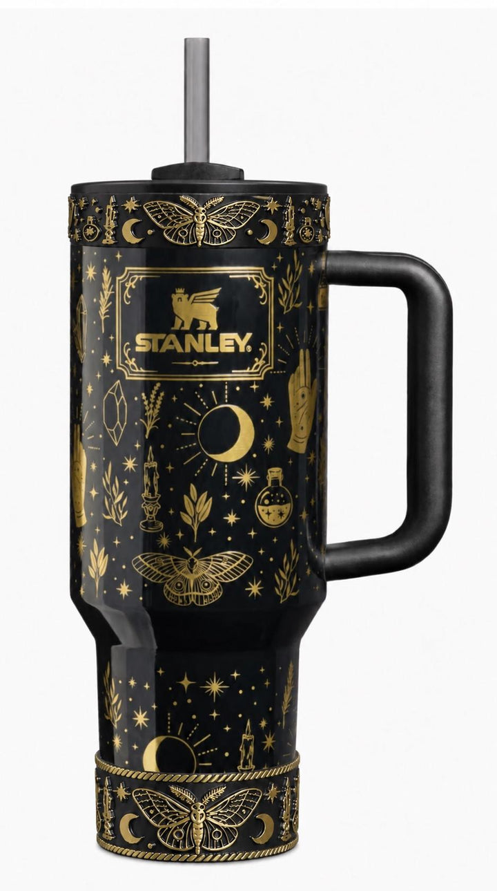 Black Magic Moth Spellcaster Tumbler Boot, Halo, lid topper, straw topper, gothic accessories black with gold accents, for Stanley Tumblers