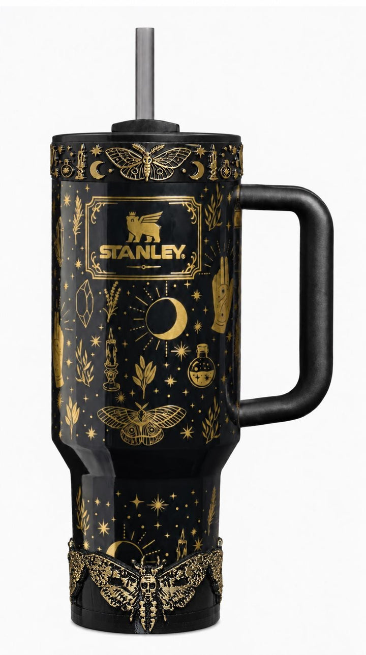 Black Magic Moth Spellcaster Tumbler Boot, Halo, lid topper, straw topper, gothic accessories black with gold accents, for Stanley Tumblers