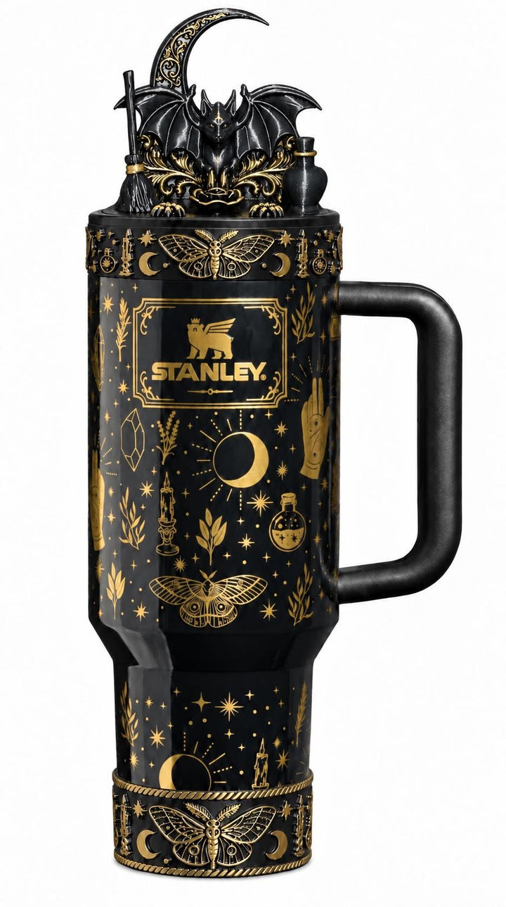 Black Magic Moth Spellcaster Tumbler Boot, Halo, lid topper, straw topper, gothic accessories black with gold accents, for Stanley Tumblers