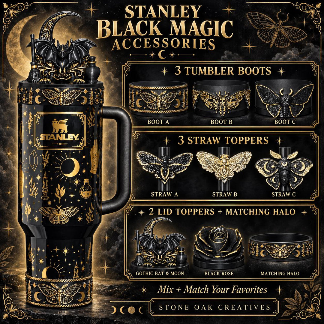 Black Magic Moth Spellcaster Tumbler Boot, Halo, lid topper, straw topper, gothic accessories black with gold accents, for Stanley Tumblers