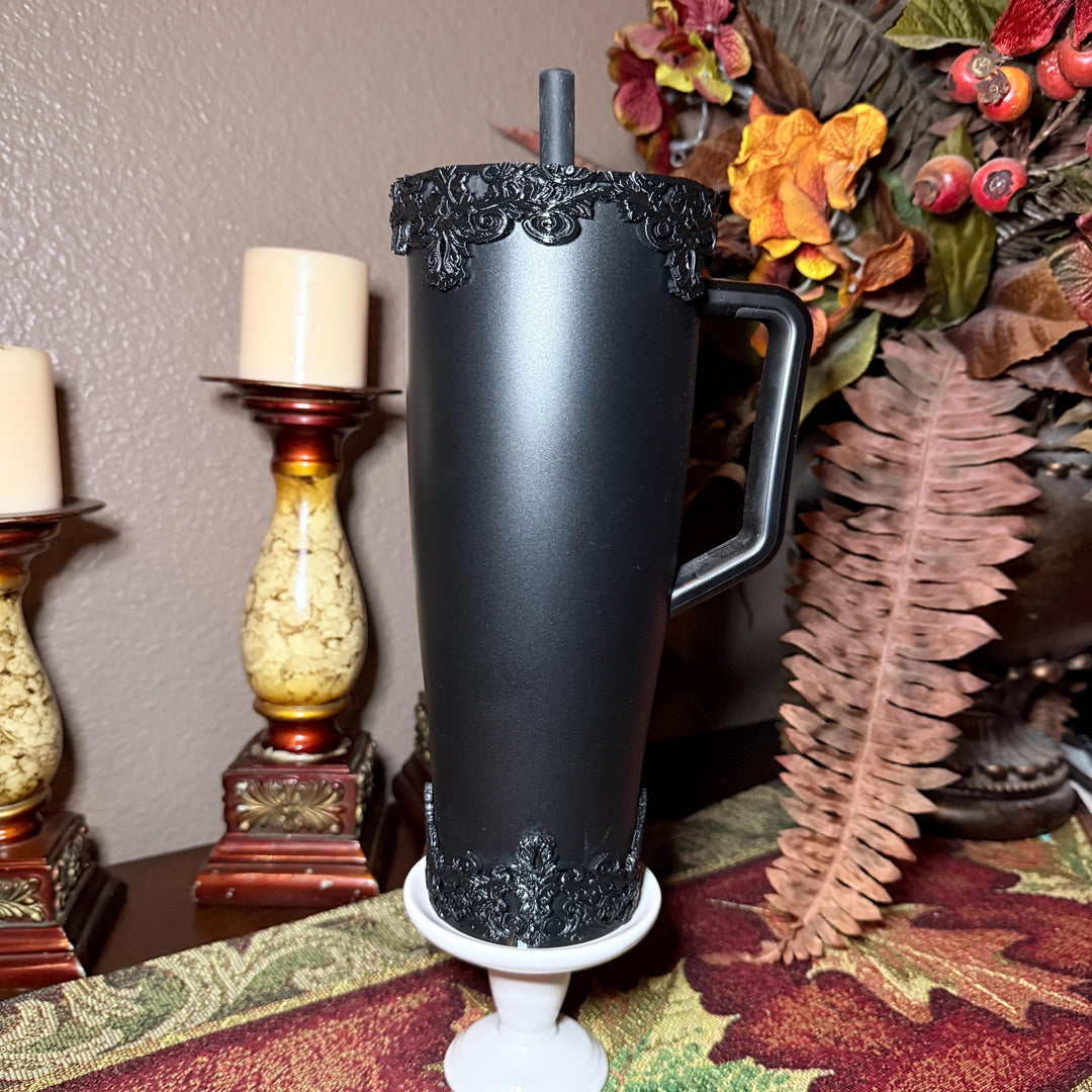 Black Ornate Scroll Lace Tumbler Boot or Halo Accessories, Victorian Damask Gothic, fits BruMate Era Violet Veil, Elegant Cup Gift