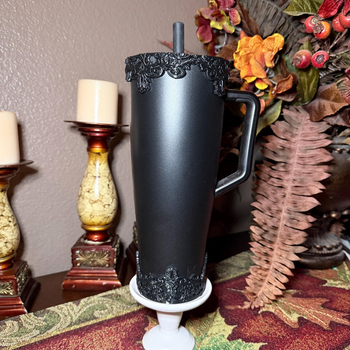 Black Ornate Scroll Lace Tumbler Boot or Halo Accessories, Victorian Damask Gothic, fits BruMate Era Violet Veil, Elegant Cup Gift