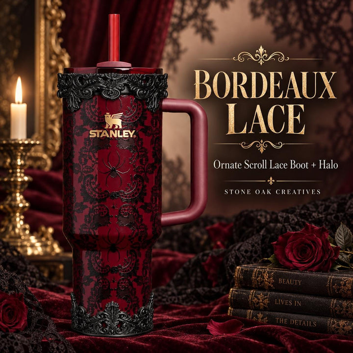 Black Ornate Scroll Lace Tumbler Accessories | Victorian Gothic, fits Stanley Bordeaux Lace 30 or 40 oz Boot, Lid Halo, Elegant Cup Gift