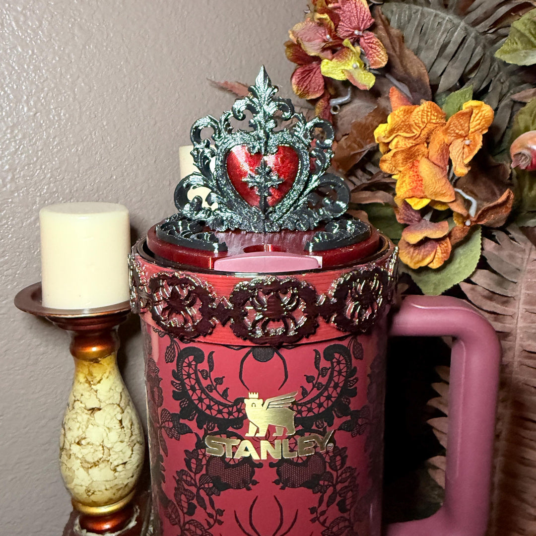 Black and Blood Red Tumbler Lid Topper, Victorian Gothic, fits Stanley tumblers, Gothic Blood Red Black Tumbler Accessory, Ornate Heart