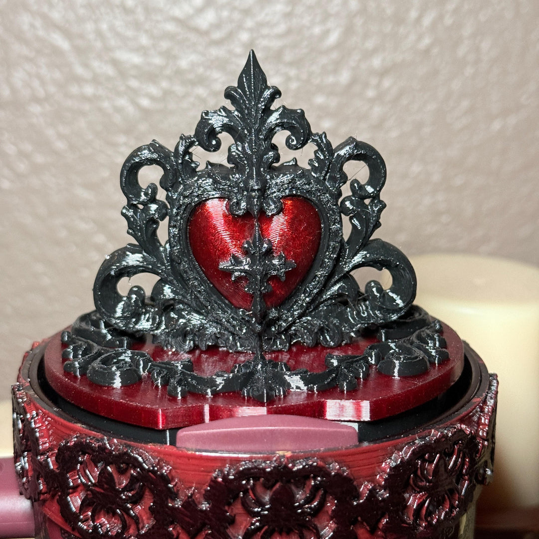 Black and Blood Red Tumbler Lid Topper, Victorian Gothic, fits Stanley tumblers, Gothic Blood Red Black Tumbler Accessory, Ornate Heart