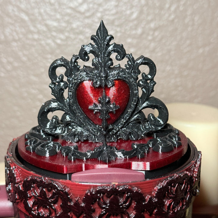 Black and Blood Red Tumbler Lid Topper, Victorian Gothic, fits Stanley tumblers, Gothic Blood Red Black Tumbler Accessory, Ornate Heart