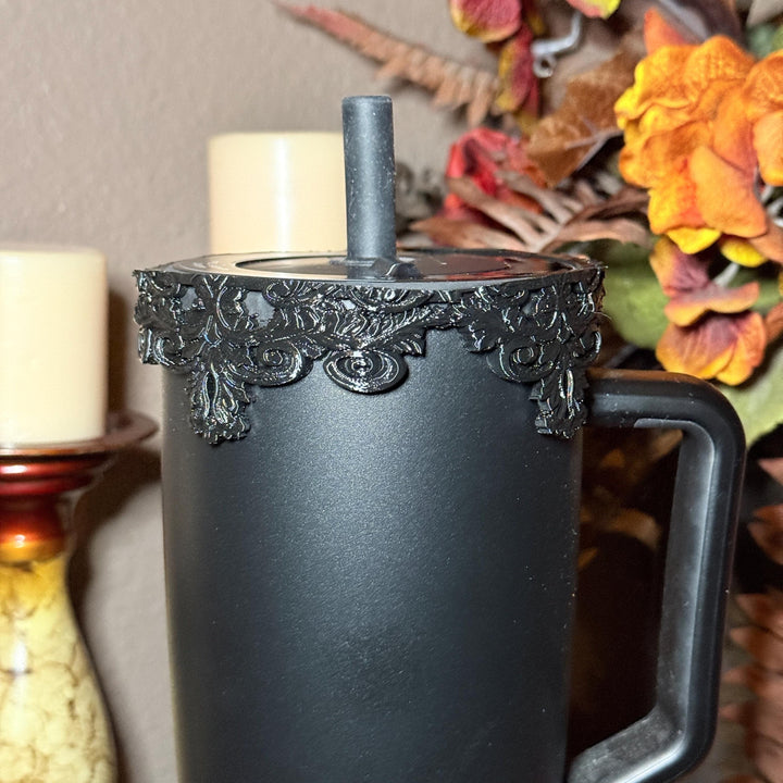 Black Ornate Scroll Lace Tumbler Boot or Halo Accessories, Victorian Damask Gothic, fits BruMate Era Violet Veil, Elegant Cup Gift