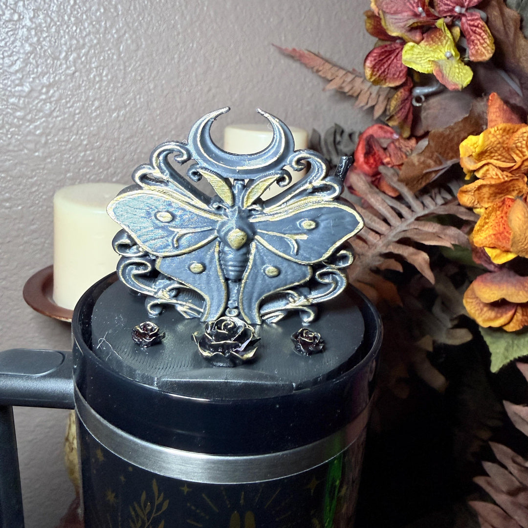 Black Magic Moth tumbler topper for Stanley 20 30 or 40 oz Tumblers, Halloween accessories, black gold moth unique gift