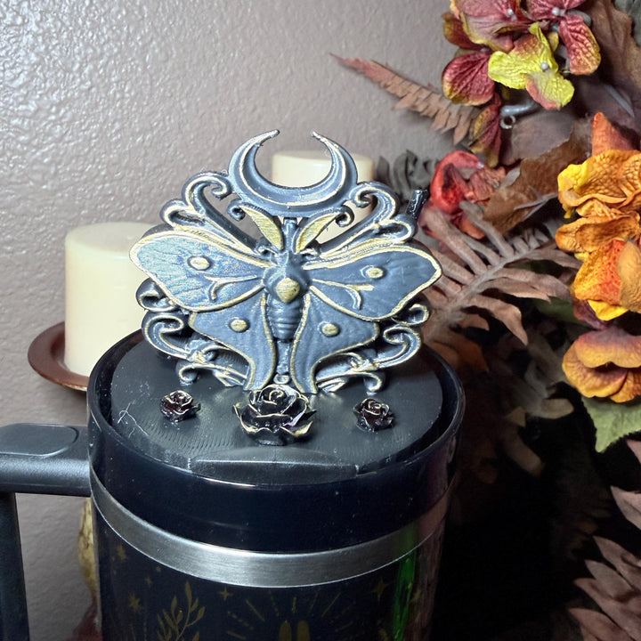 Black Magic Moth tumbler topper for Stanley 20 30 or 40 oz Tumblers, Halloween accessories, black gold moth unique gift