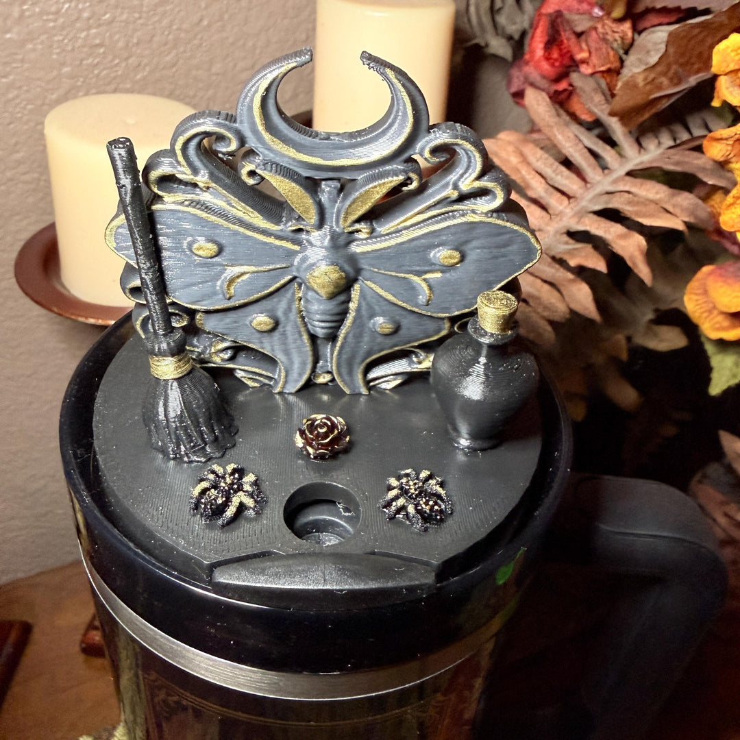 Black Magic Moth tumbler topper for Stanley 20 30 or 40 oz Tumblers, Halloween accessories, black gold moth unique gift