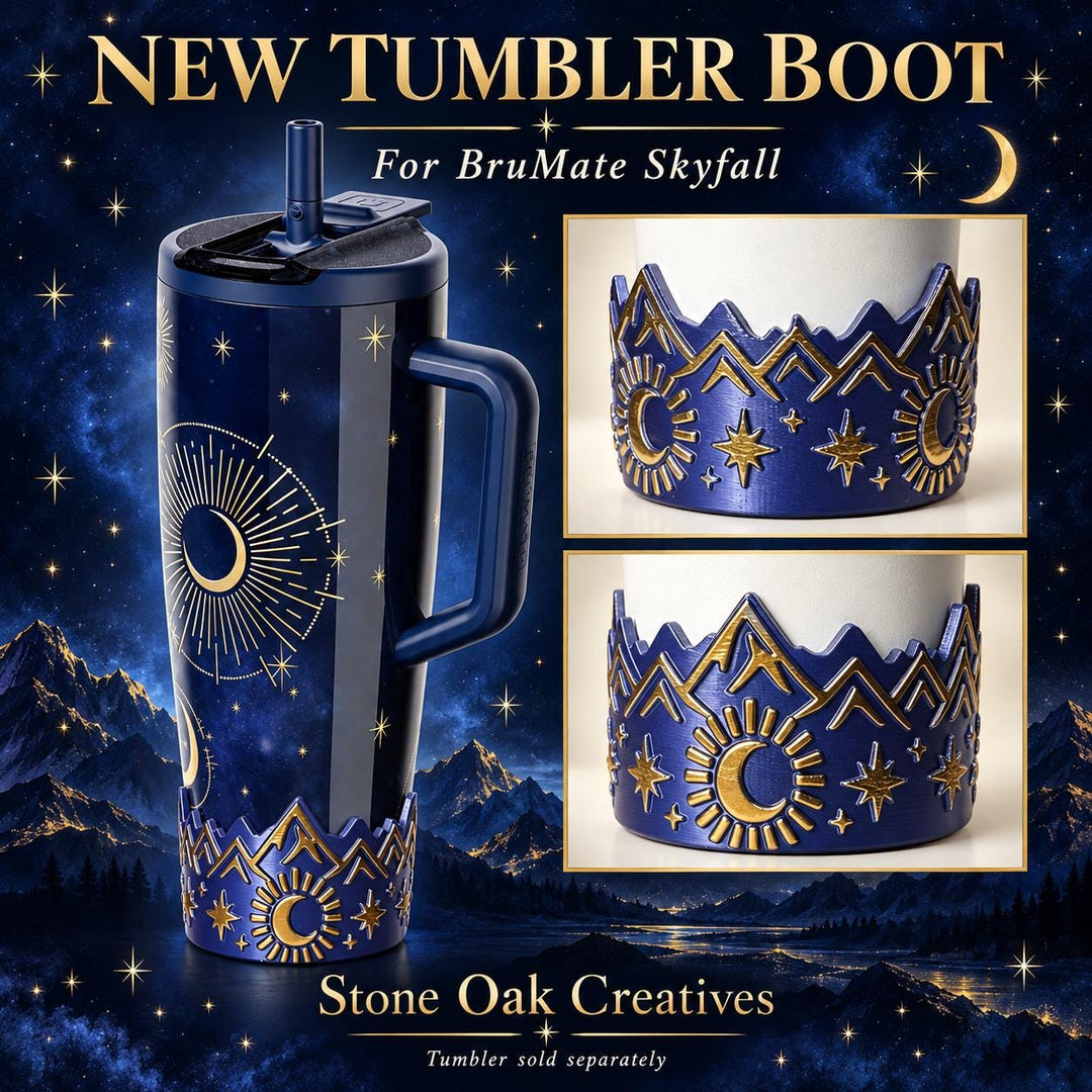 Blue Gold Celestial Tumbler Boot with gold embossed mountains, stars, moon, fits BruMate Era Skyfall