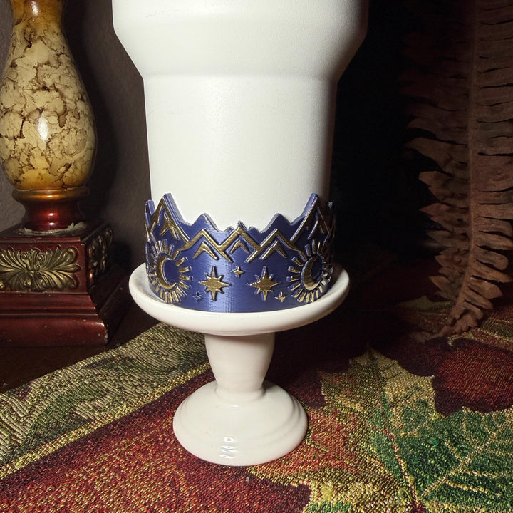 Blue Gold Celestial Tumbler Boot with gold embossed mountains, stars, moon, fits BruMate Era Skyfall