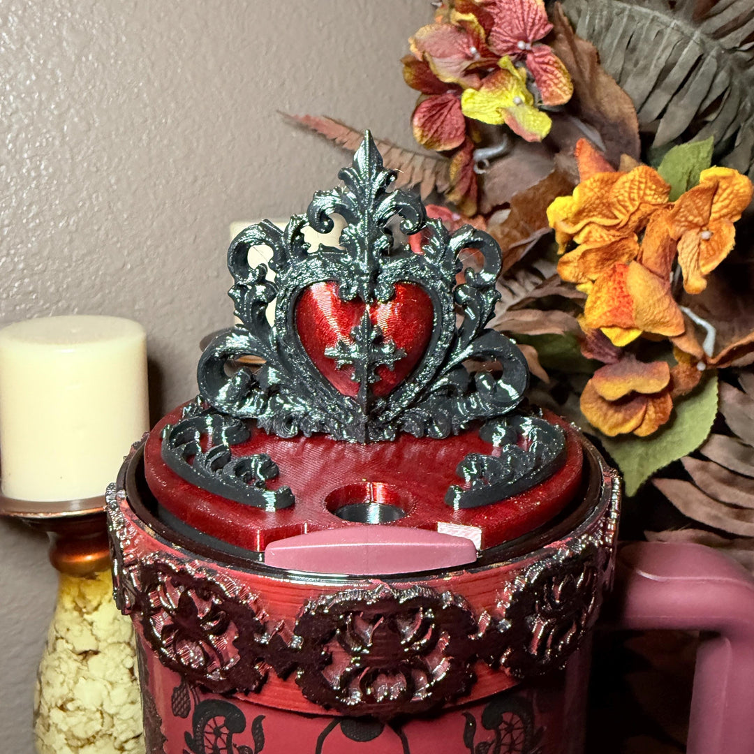 Black and Blood Red Tumbler Lid Topper, Victorian Gothic, fits Stanley tumblers, Gothic Blood Red Black Tumbler Accessory, Ornate Heart