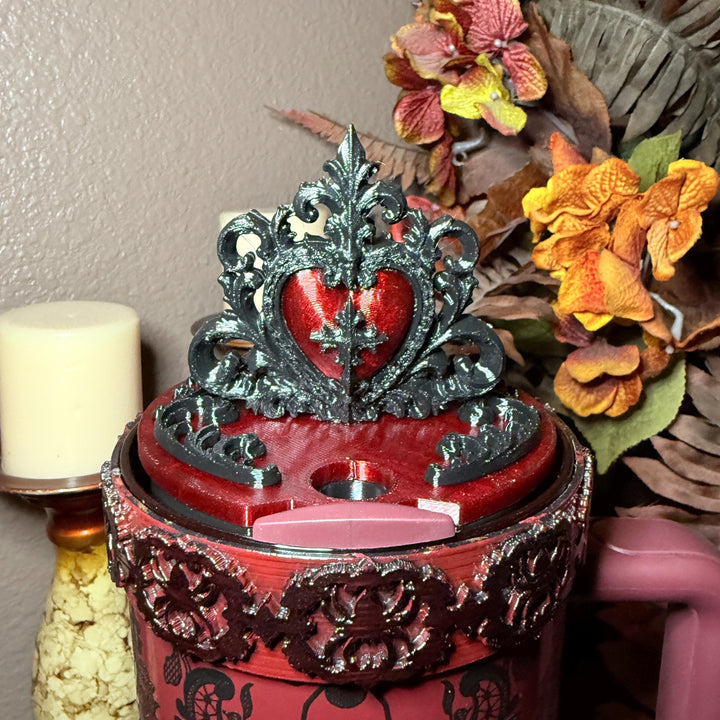 Black and Blood Red Tumbler Lid Topper, Victorian Gothic, fits Stanley tumblers, Gothic Blood Red Black Tumbler Accessory, Ornate Heart