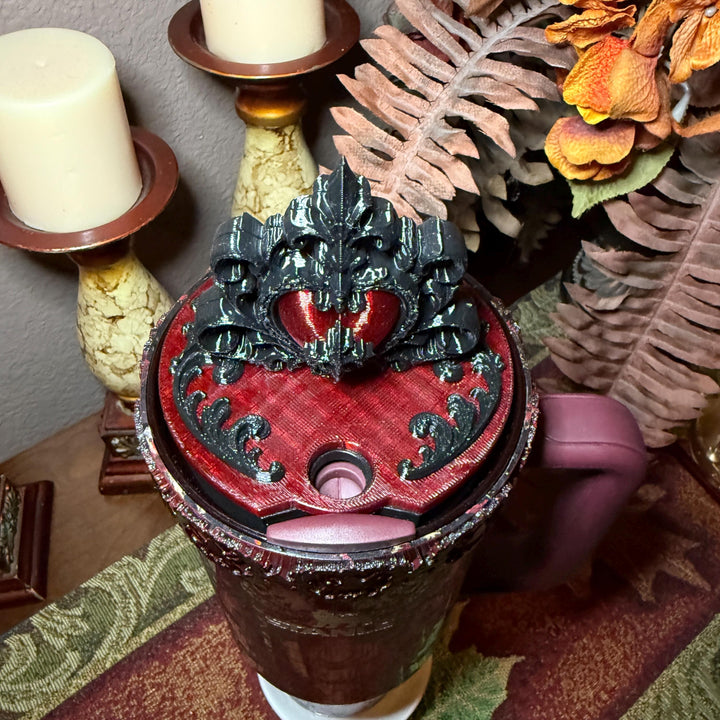 Black and Blood Red Tumbler Lid Topper, Victorian Gothic, fits Stanley tumblers, Gothic Blood Red Black Tumbler Accessory, Ornate Heart