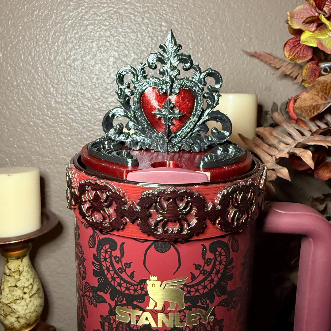 Black and Blood Red Tumbler Lid Topper, Victorian Gothic, fits Stanley tumblers, Gothic Blood Red Black Tumbler Accessory, Ornate Heart