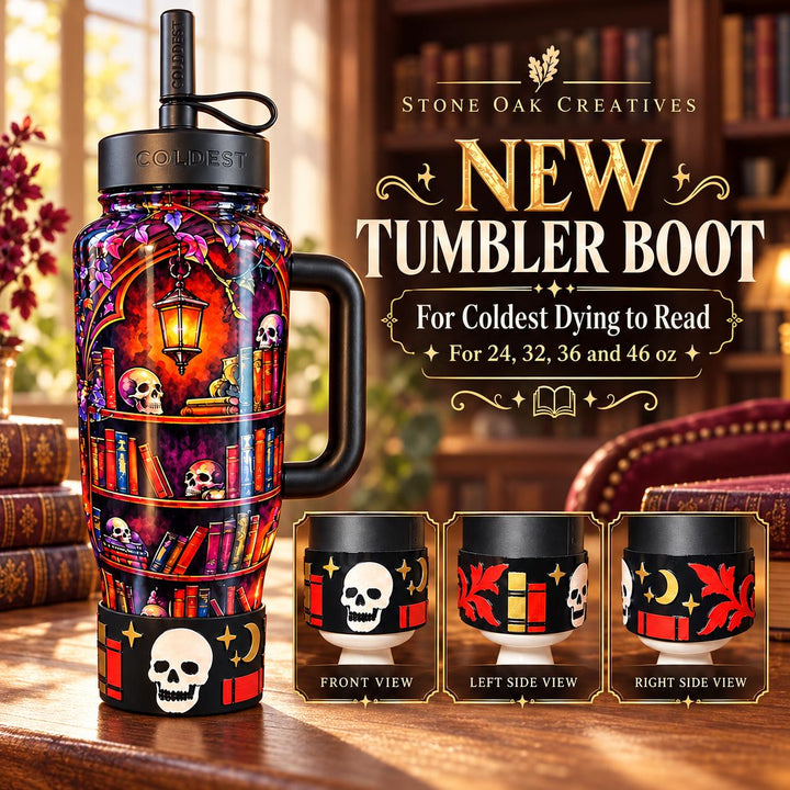 Dying to Read Tumbler Boot | Compatible with Coldest 24 32 36 46 oz | Gothic Skull Books 3D Printed Cup Accessory