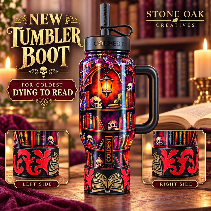 Dying to Read Tumbler Boot | Compatible with Coldest 24 32 36 46 oz | Gothic Skull Books 3D Printed Cup Accessory