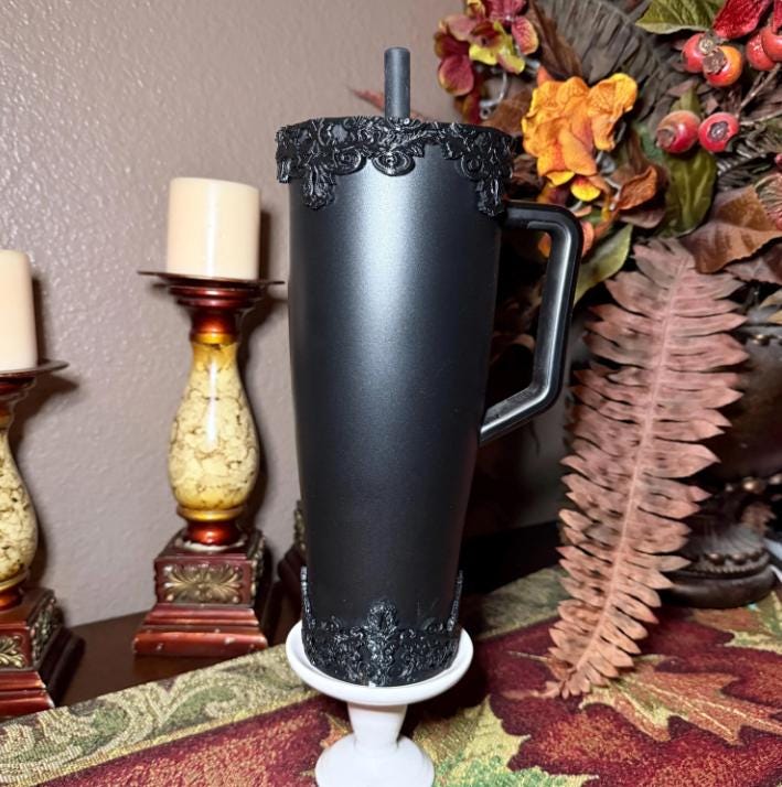 Black Ornate Scroll Lace Tumbler Boot or Halo Accessories, Victorian Damask Gothic, fits BruMate Era ACOTAR, Elegant Cup Gift