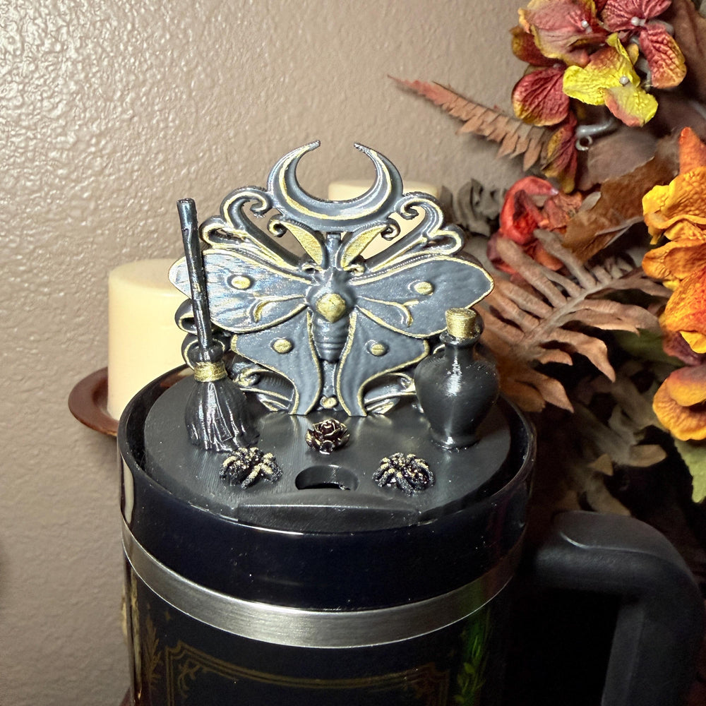 Black Magic Moth tumbler topper for Stanley 20 30 or 40 oz Tumblers, Halloween accessories, black gold moth unique gift