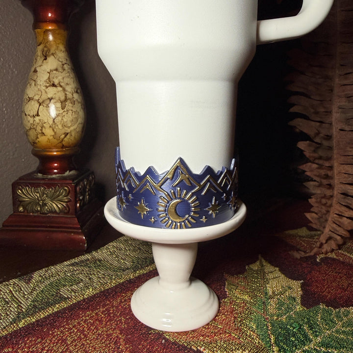 Blue Gold Celestial Tumbler Boot with gold embossed mountains, stars, moon, fits BruMate Era Skyfall