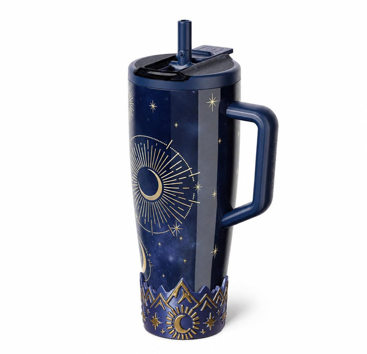 Blue Gold Celestial Tumbler Boot with gold embossed mountains, stars, moon, fits BruMate Era Skyfall